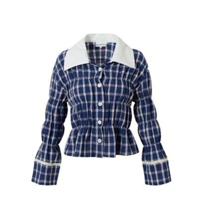 レースディテールチャック柄ブルーシャツ 《Z00636》