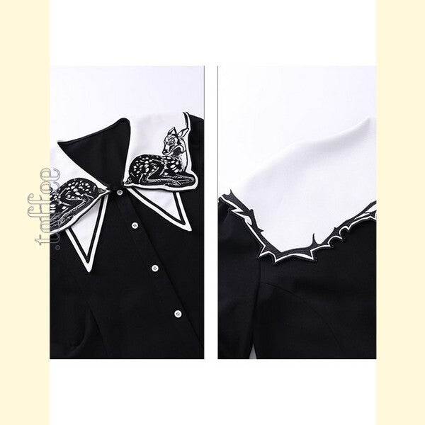 月明かりのバンビが佇む：オリエンタルと幻想が交差するプレッピーワンピース C0186