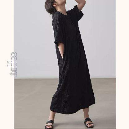 ラウンドネックロングブラックワンピース《Z00996》