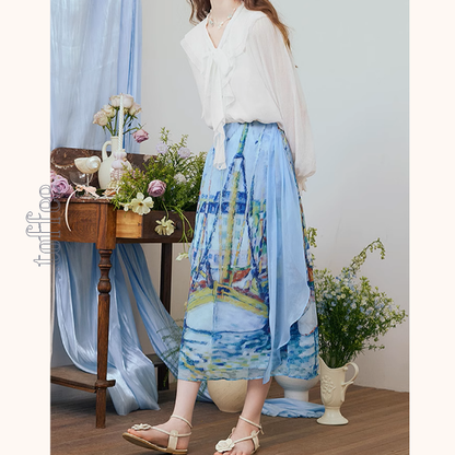 油絵プリントロングシフォンスカート《Z00974》