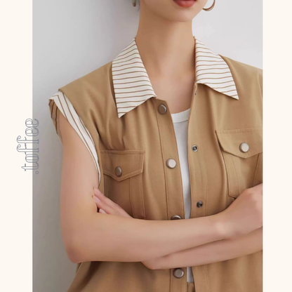 ストライプディテールレイヤード風ベスト＆ドローストリングハーフパンツセットアップ《Z00943》