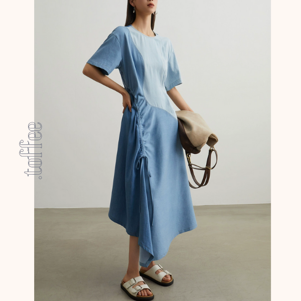 パッチワークアシメトリードローストリングロングワンピース《Z00950》