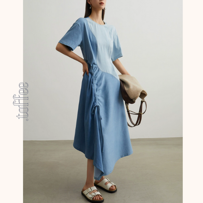 パッチワークアシメトリードローストリングロングワンピース《Z00950》