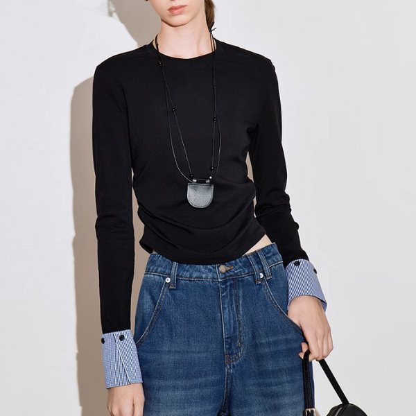 【2color】ギンガムチェックカフスクルーネックトップ《Z00926》