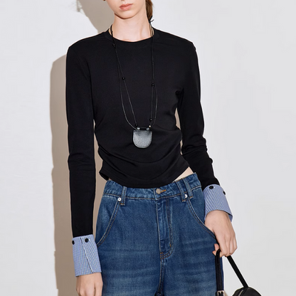 【2color】ギンガムチェックカフスクルーネックトップ《Z00926》