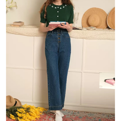 お花の刺繍入りラウンドネック半袖ニット Z00233