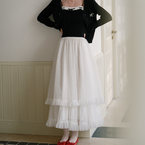 フリル＆メッシュホワイトロングスカート　Z00570