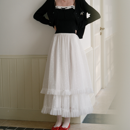 フリル＆メッシュホワイトロングスカート　Z00570