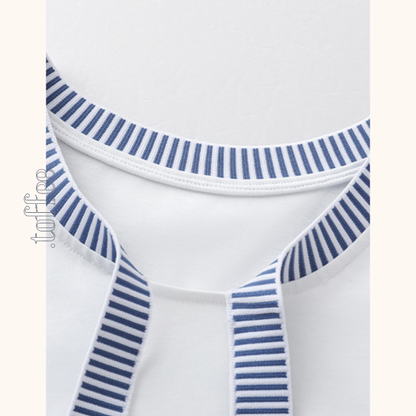 ブルーストライプタイ付きドロップショルダートップ　Z00462