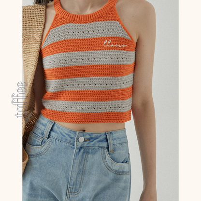 【2color】ホルターネックストライプニットトップ　Z00388