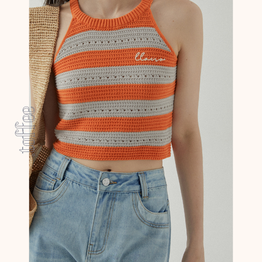 【2color】ホルターネックストライプニットトップ　Z00388