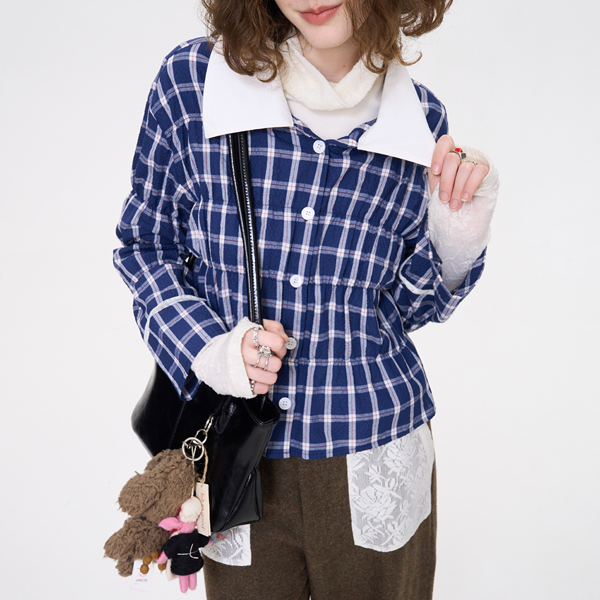 レースディテールチャック柄ブルーシャツ 《Z00636》