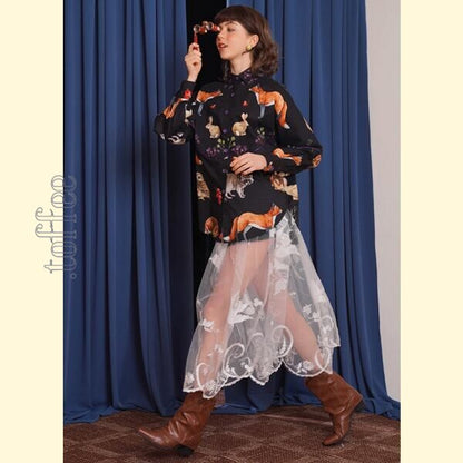 レトロアートが描く、夜の森のパーティーブラウス 《C0210》