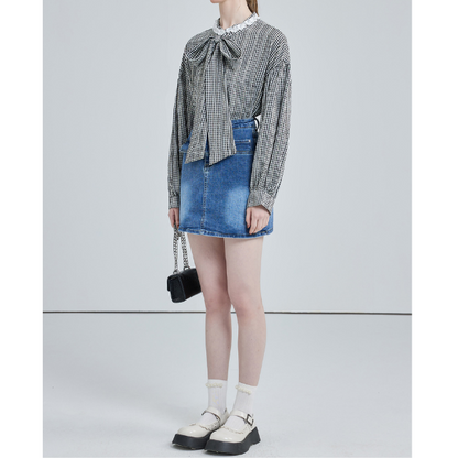 フロントリボンギンガムチェックルーズブラウス X-527