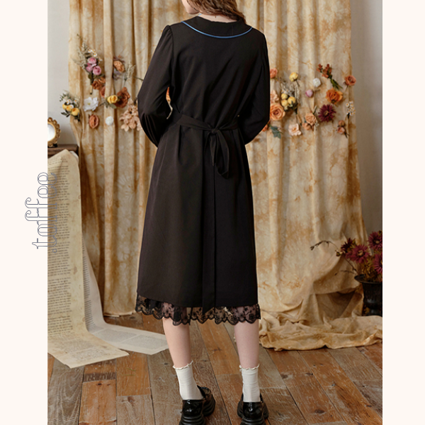 フラワー刺繍レースヘムブラックワンピース　《Z00680》