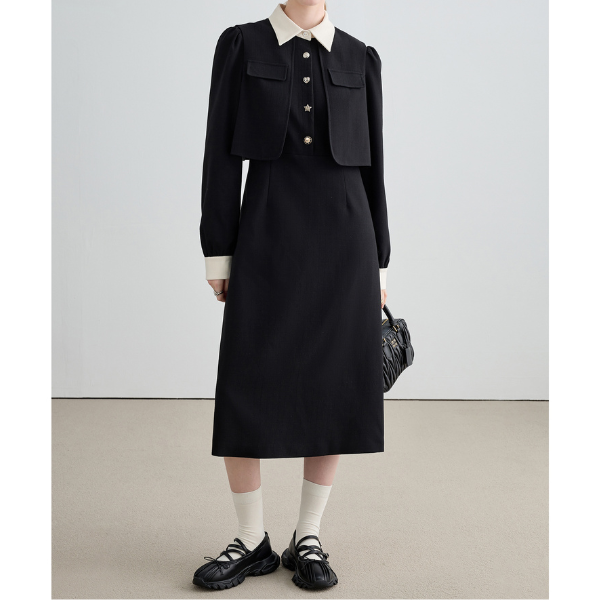 レイヤード風ブラックスリムワンピース Z00026