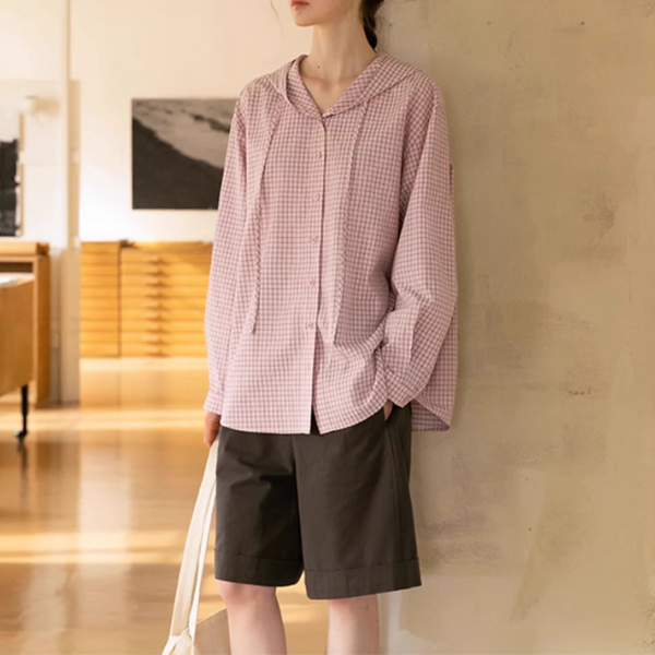 【2color】チェック柄フーディーシャツ《Z00978》