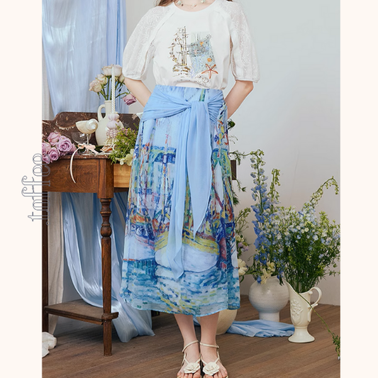 油絵プリントロングシフォンスカート《Z00974》