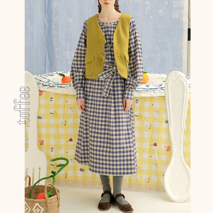 ギンガムチェックウエストリボンロングワンピース　《Z00757》