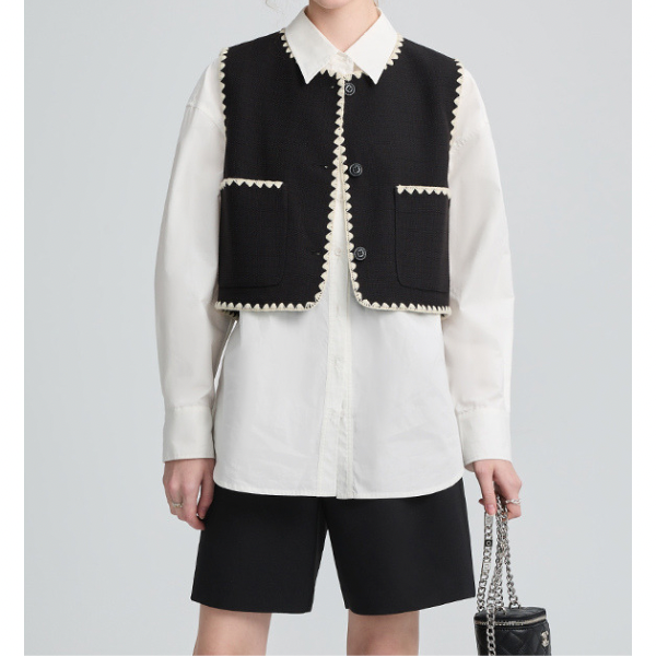 刺繍トリミングのショートベスト X-295