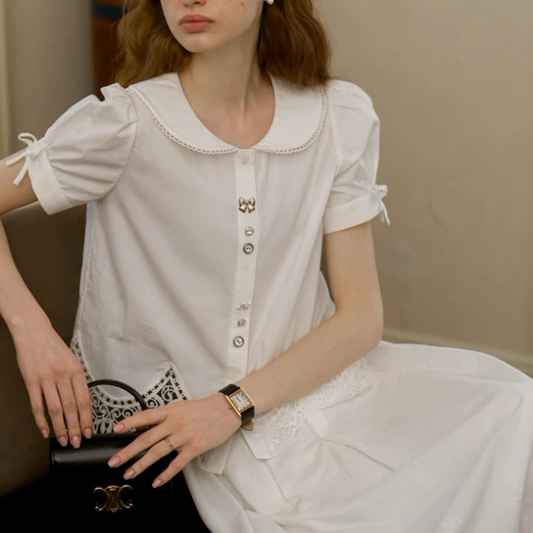 レーズヘムブラウス＆フローラルレースミモレ丈スカートセットアップ《Z00896》