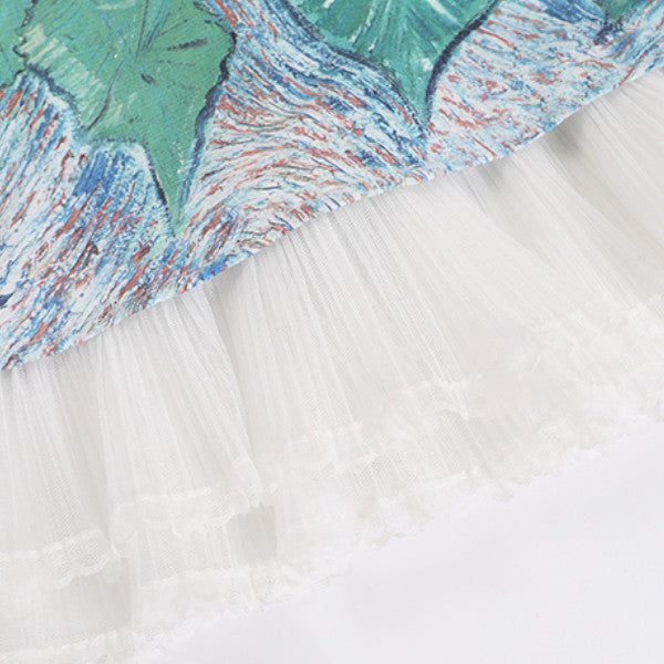 レースと油絵風プリント入りロングスカート Z00258