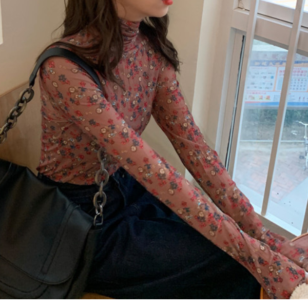 【5color】レトロな花柄シースルートップス Z00105