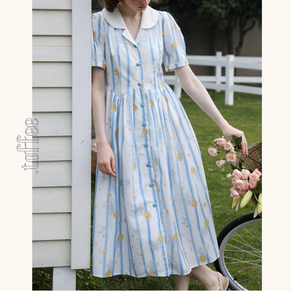 花柄＆ストライプフレンチシャツワンピース《Z00879》