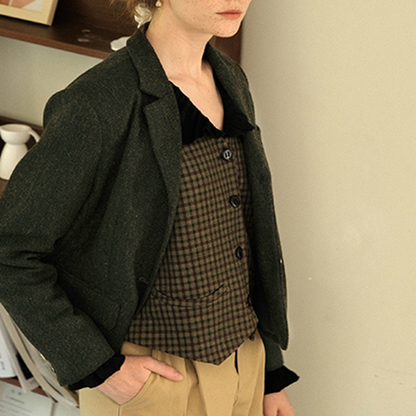 ブラウンチェック柄シングルブレストベスト　Z00507