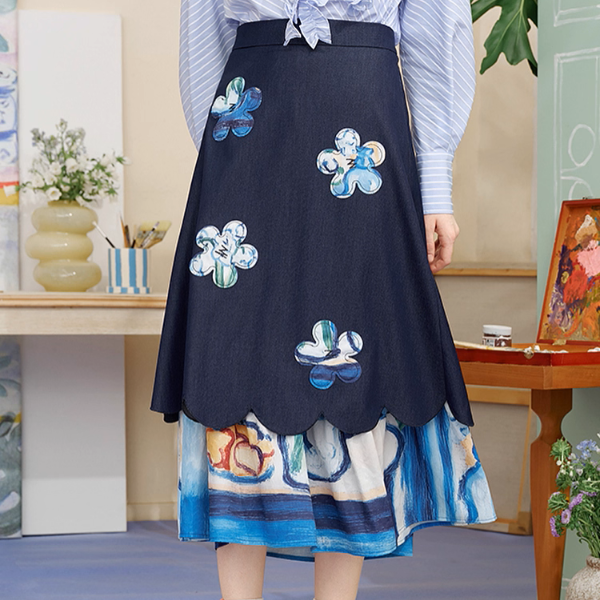 レトロ可愛い花刺繍レイヤードスカート《Z01056》