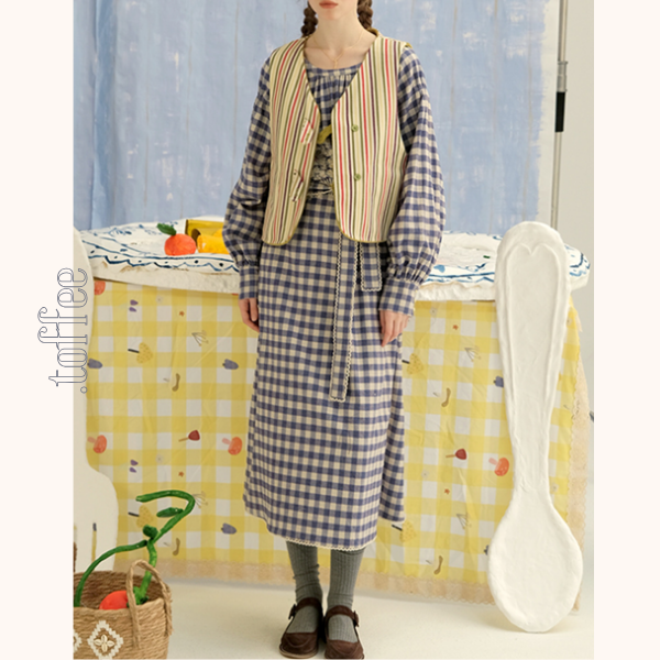 ギンガムチェックウエストリボンロングワンピース　《Z00757》