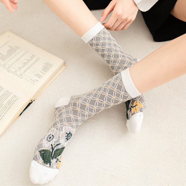 植物とハートモチーフのショートソックス5本セット Z00007