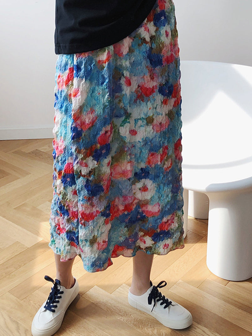 油絵のようなフラワー柄スカート