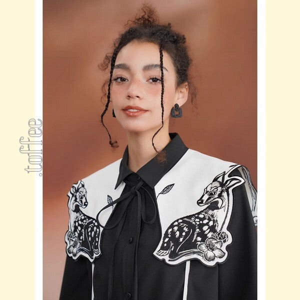 月明かりのバンビが佇む：深い森の中のオリエンタルカウボーイブラウス C0187