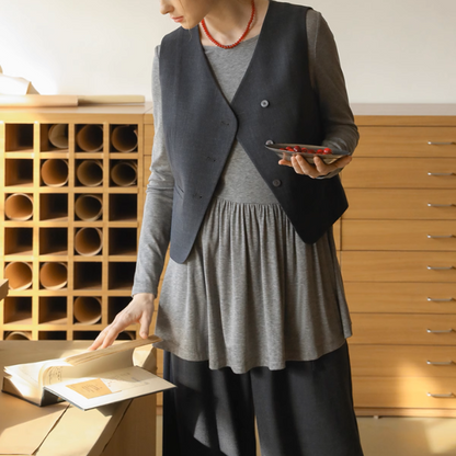 Vネックシングルブレストショートベスト＆ハイウエストワイドスーツパンツセットアップ《Z00889》