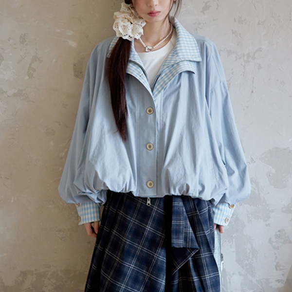 無地×ギンガムチェックのコントラストカラーバルーンジャケット　《Z00765》