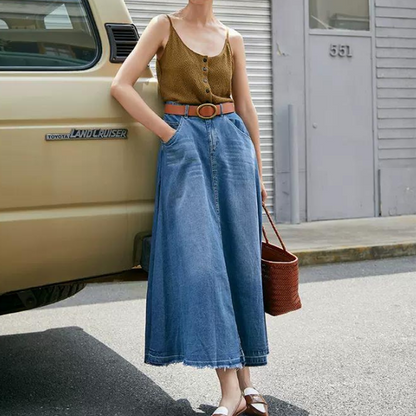 デニムミモレ丈フレアスカート w-012