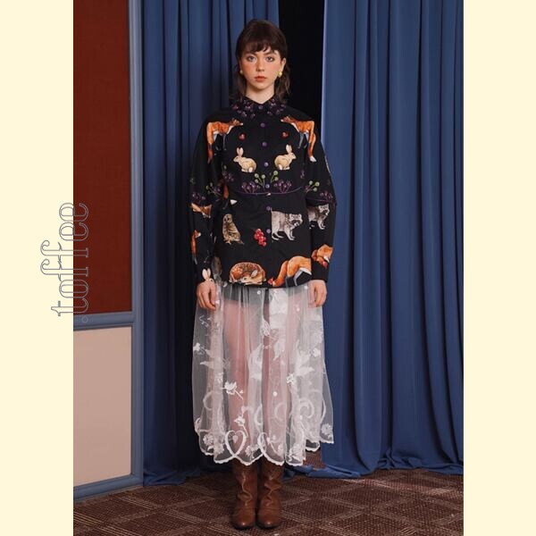 舞い踊る鳥達：幻想的レトロレース ロングスカート 《C0215》