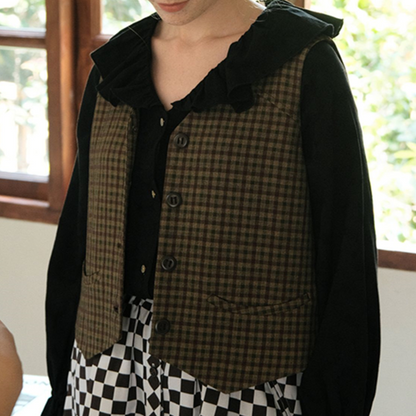 ブラウンチェック柄シングルブレストベスト　Z00507