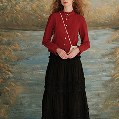 【2color】フリルネックショートブラウス　《Z00618》