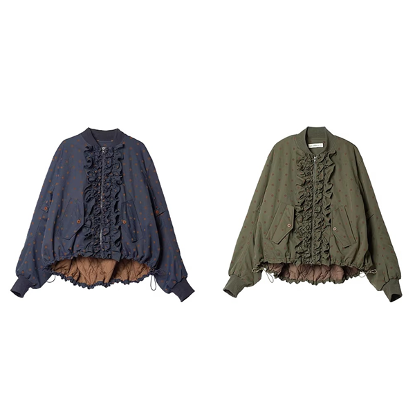 【2color】ドット柄フリルのバルーン裾キルティングジャケット《Z01360》