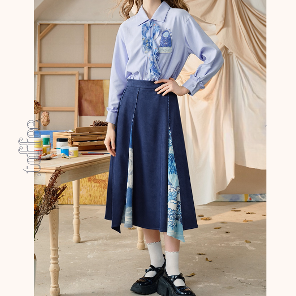 【2color】名画が踊る、切替アートプリントスカート《Z01123》