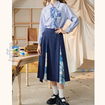 【2color】名画が踊る、切替アートプリントスカート《Z01123》